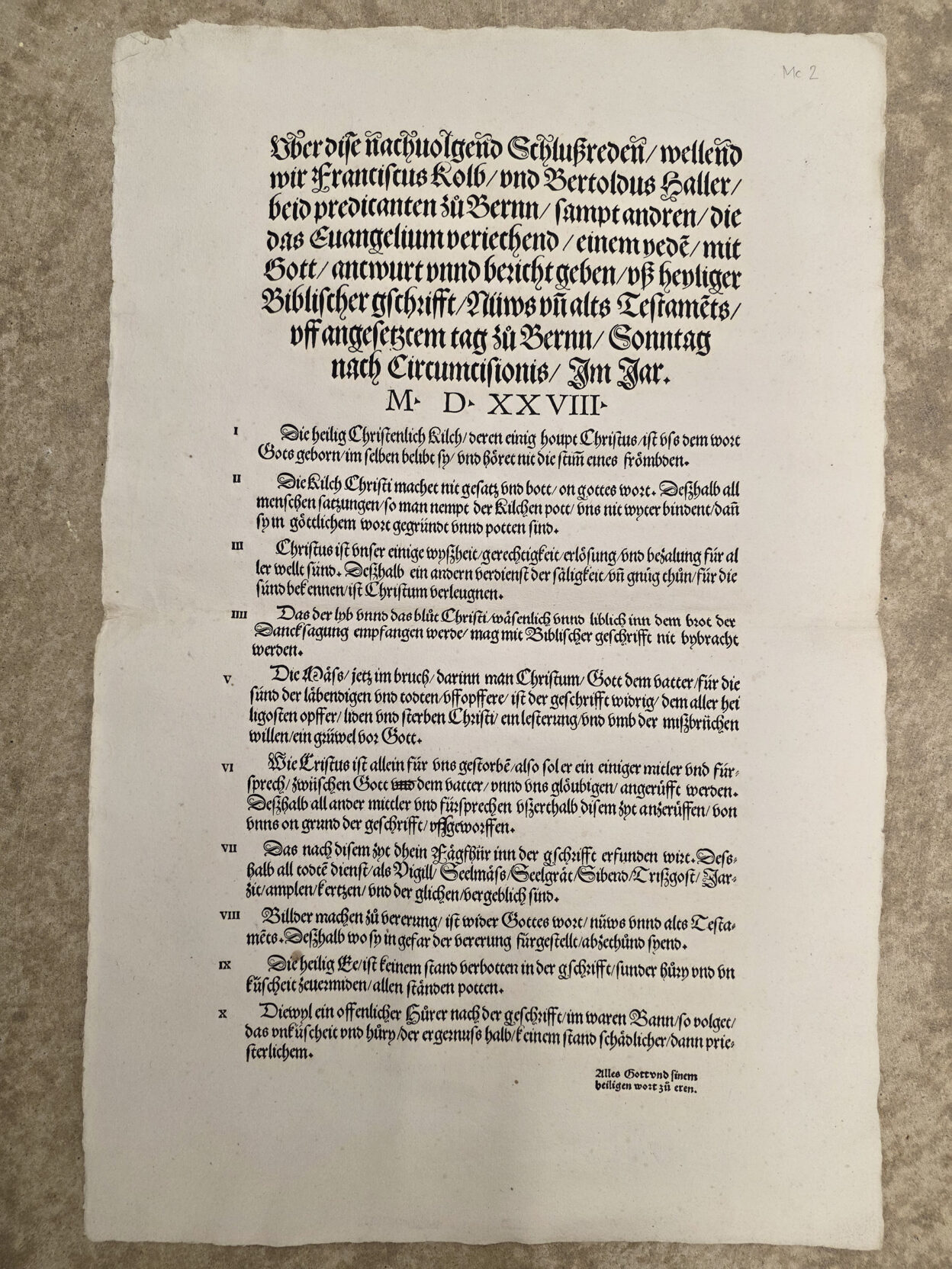 Download Original: Zehn Berner Thesen, vom Berner Rat hinsichtlich der Disputation vom Januar 1528 erlassen (StABE, Mc 2)